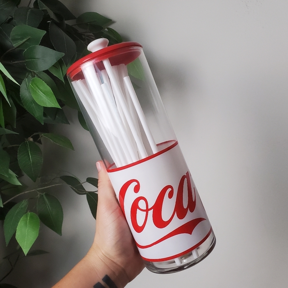 Vintage Coca Cola Glass Straw Holder with Red Lid